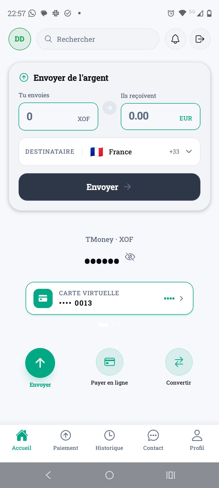 Écran d'envoi AkwabaCash